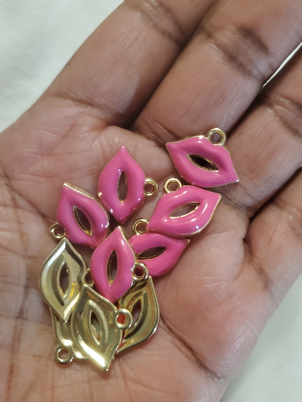6 Gold & Pink Enamel Leaf Connector Charms - Women Jewelry Necklace Accent